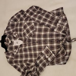 Women's NWT brown and blk plaid long sleeve button shirt with front knot tie XL.